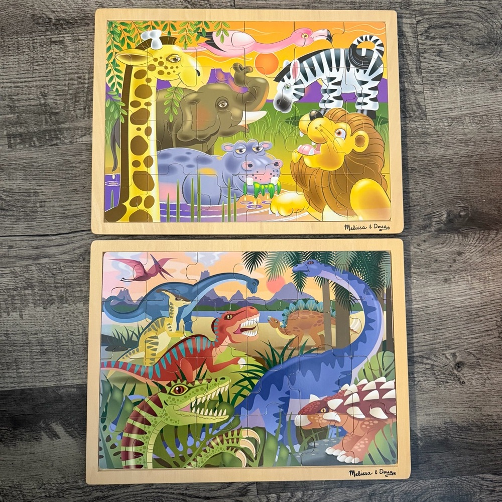 Melissa & Doug Kids Wooden Animal and Dinosaur Puzzles - Colorful Multi